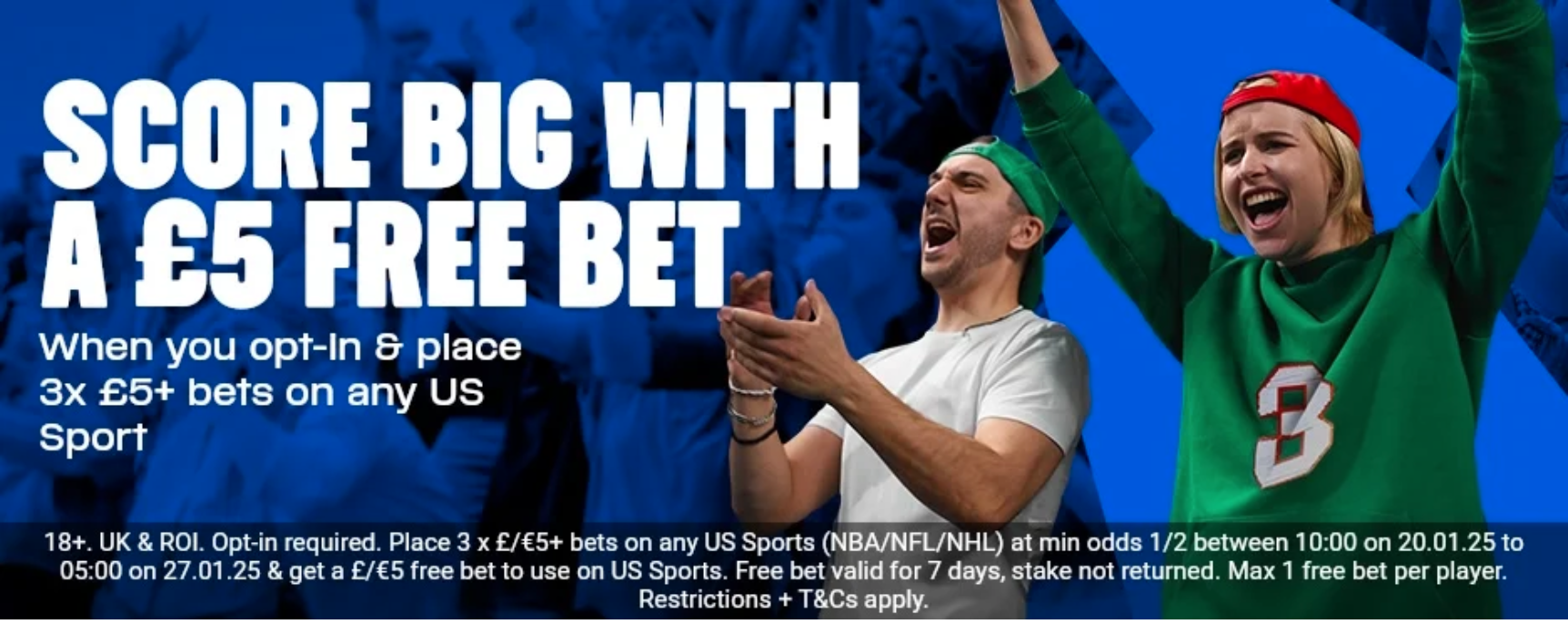 Bet & Get offer: Place 3 £5 bets on US sport to receive a £5 free bet